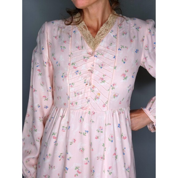 70s Maxi Floral Dress Prairie Peasant Lace Trim - Gunne Sax Victorian Style XXS - Picture 7 of 9